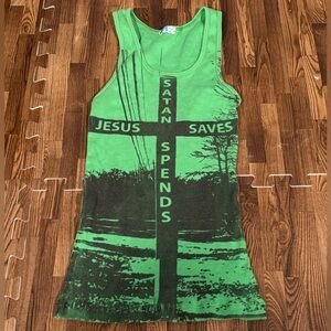 Jesus Saves Satan Spend Size Small Tank Muscle Shirt Green